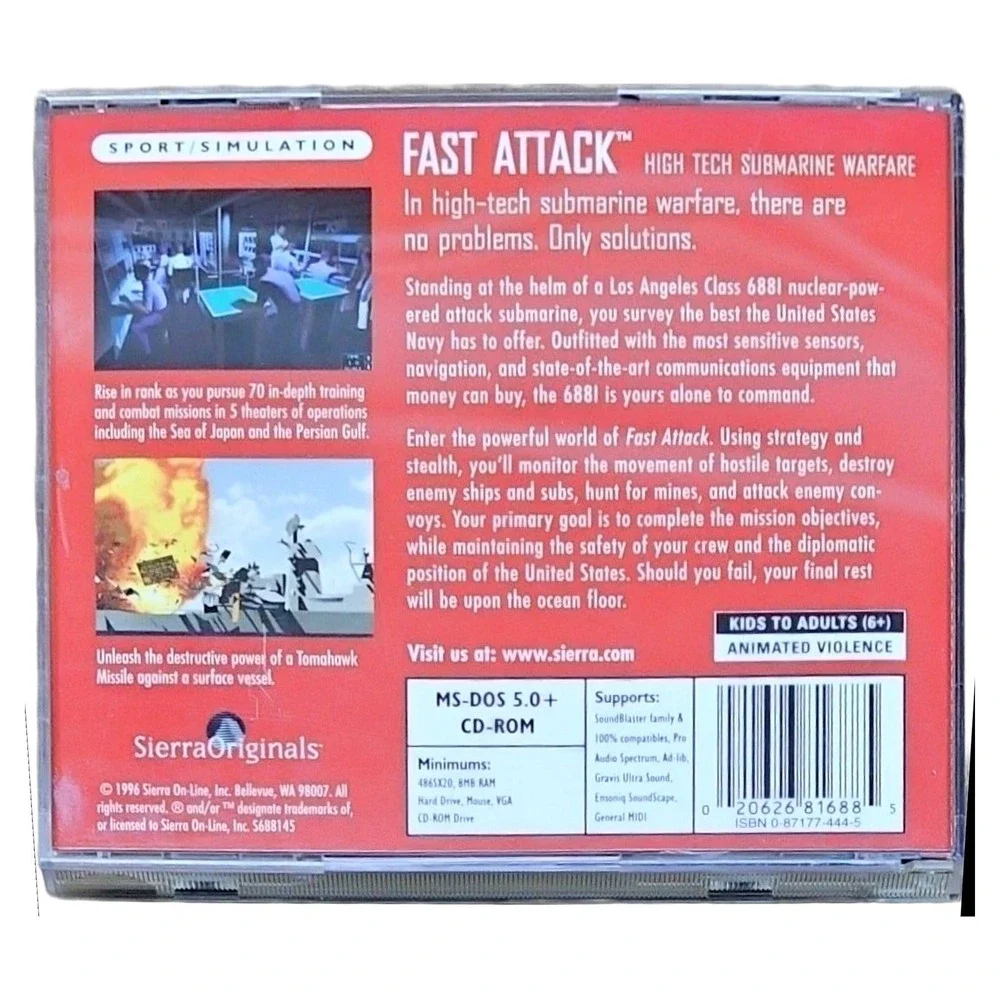 Sierra Fast Attack PC Game MS-DOS‎ CD-ROM Submarine Simulator S688145 EUC